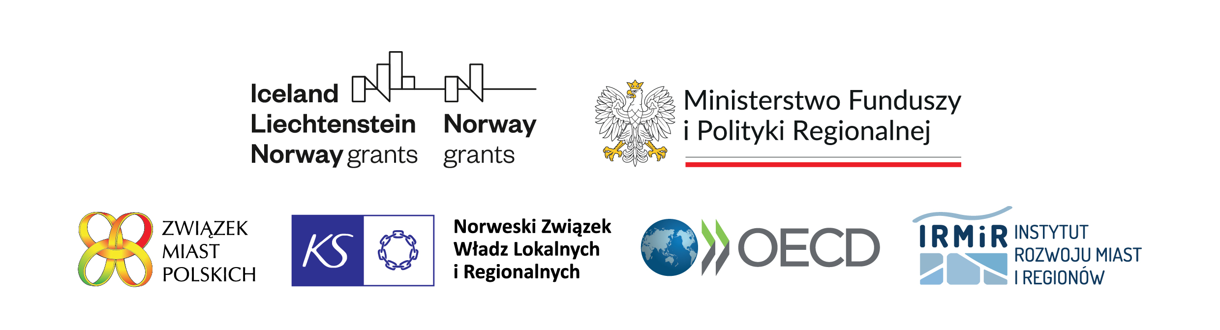 Logotypy partnerów i fundatorów projektu: Mechanizmu Finansowego EOG i Norweskiego Mechanizmu, Ministerstwo Funduszy i Polityki Regionalnej, Związek Miast Polskich, Norweski Związek Władz Lokalnych i Regionalnych, Organizacja Współpracy Gospodarczej i Rozwoju, Instytut Rozwoju Miast i Regionów 