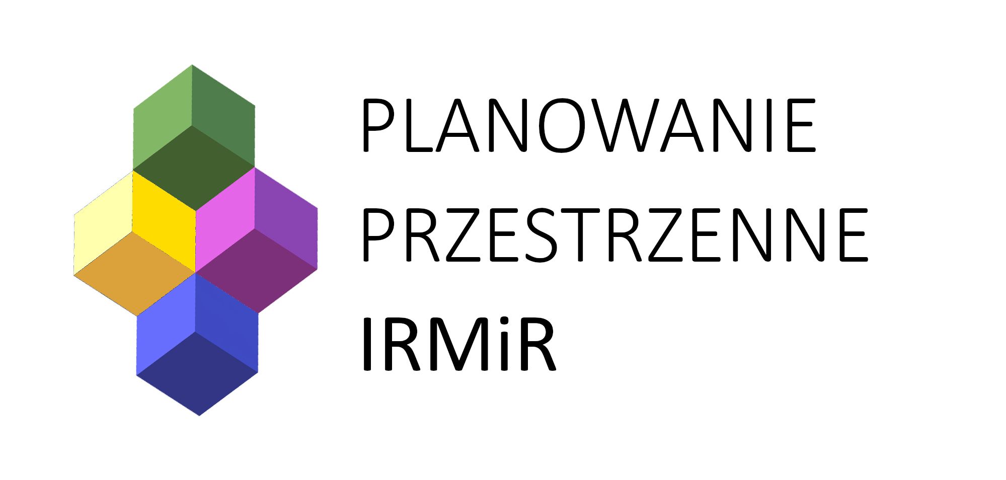 Planowanie przestrzenne IRMiR (logo: sześciany w kolorach nawiązujących do przeznaczeń terenów i innych oznaczeń stosowanych w planowaniu przestrzennym)